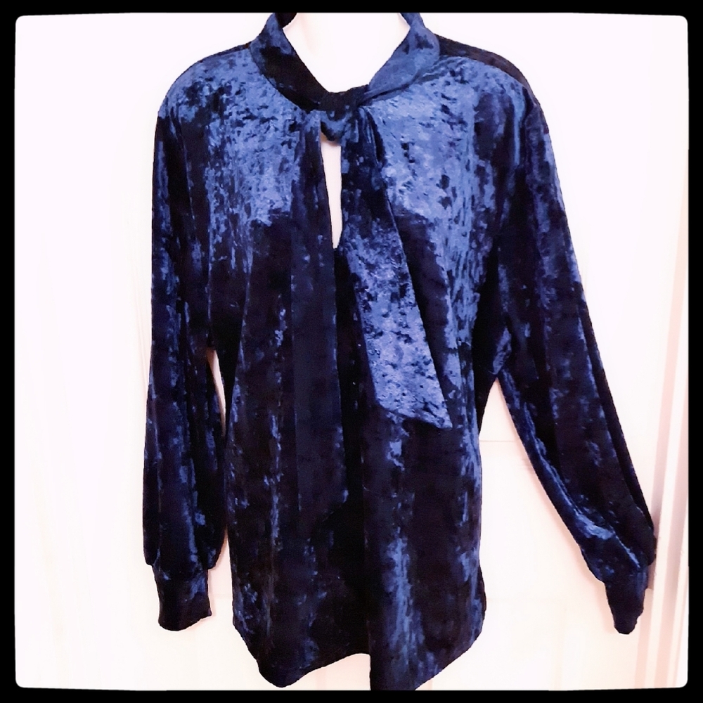 Eloquii - 3X Blue Crushed Velvet Tie Neck Blouse
